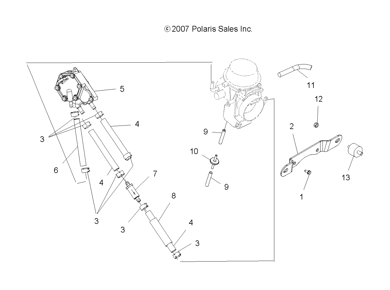 ENGINE, CARBURETOR MOUNTING and FUEL PUMP and LINES - A08BG50AA (49ATVCARBBRKT08SCRAM)