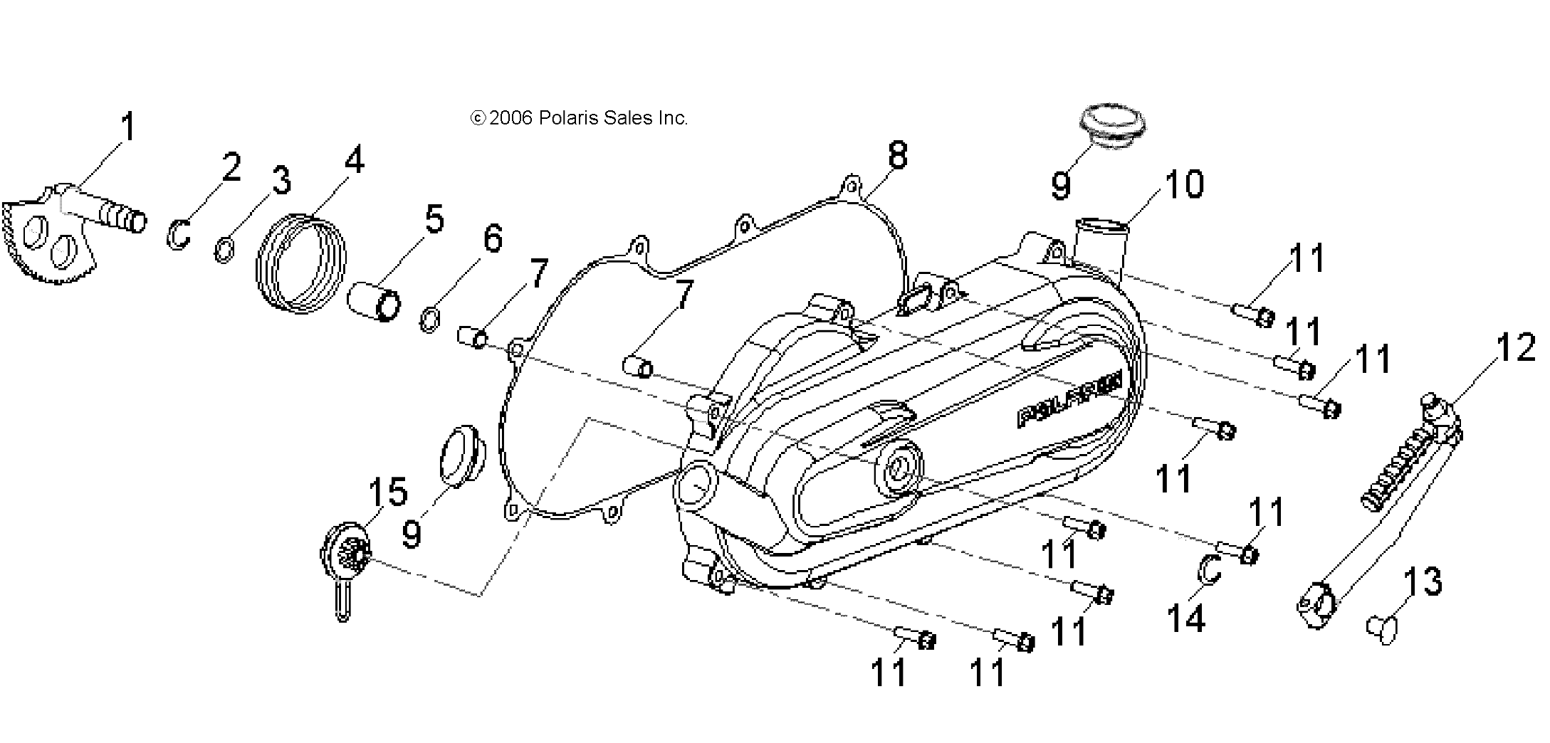 ENGINE, KICK START and CRANKCASE COVER, LH - A08KA05AB/AD (49ATVCRANKCASECVRLH07PRED50)